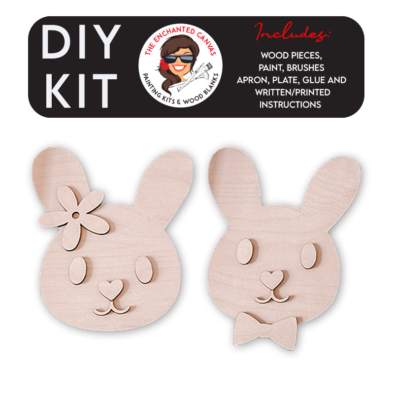 Easter Bunny boy with bow or girl bunny with flower painting Kit. kit includes everything you need to paint your very own boy or girl bunny face. Let your imagination run wild with 5 vibrant colors of paint, a paintbrush, cutouts, glue, and easy-to-follow instructions.