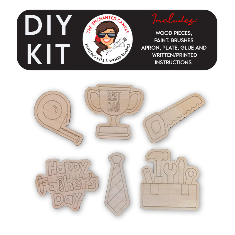 Fathers Day Wood Cutout Painting Kit. Features 6 fun wood dad related designs that kids can paint or use markers on.3x4 inch approx. Measuring tape, Best Dad Trophy Cup, Saw, Tie, Toolbox with tools and Happy Father's Day Cutout