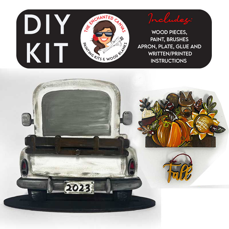 This Fall interchangeable add on includes the word "Fall" in a fun script font and is intended to hang from truck bed. The interchangeable piece itself features a mug of coco, pumpkin, corn ladybugs, sunflower, squirrel and fall leaves that slips into the back of the truck.