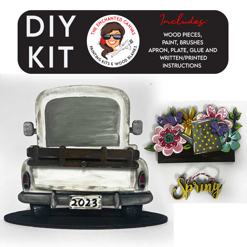 This adorably popular Vintage Truck Interchangeable will hold many different inserts! SPRING, SUMMER, FALL, WINTER insert is automatically included with DIY Kit purchase. The Truck is Aprox. 7.5 inches Tall and 7.5 Wide! This is a DIY kit so you can paint the truck and inserts any way you like. Each piece will come packaged neatly so you know how to put them together after you paint them.