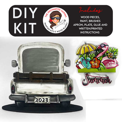 This adorably popular Vintage Truck Interchangeable will hold many different inserts! SPRING, SUMMER, FALL, WINTER insert is automatically included with DIY Kit purchase. The Truck is Aprox. 7.5 inches Tall and 7.5 Wide! This is a DIY kit so you can paint the truck and inserts any way you like. Each piece will come packaged neatly so you know how to put them together after you paint them.