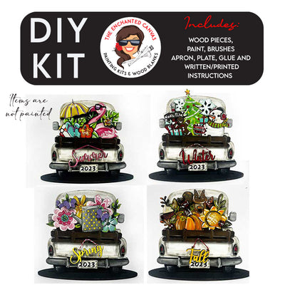 This adorably popular Vintage Truck Interchangeable will hold many different inserts! SPRING, SUMMER, FALL, WINTER insert is automatically included with DIY Kit purchase. The Truck is Aprox. 7.5 inches Tall and 7.5 Wide! This is a DIY kit so you can paint the truck and inserts any way you like. Each piece will come packaged neatly so you know how to put them together after you paint them.