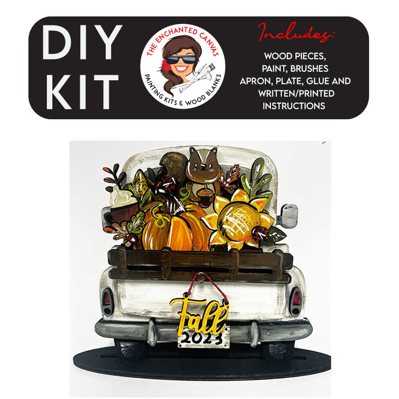 This Fall interchangeable add on includes the word "Fall" in a fun script font and is intended to hang from truck bed. The interchangeable piece itself features a mug of coco, pumpkin, corn ladybugs, sunflower, squirrel and fall leaves that slips into the back of the truck.