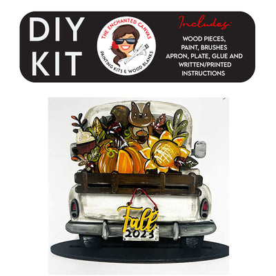 This Fall interchangeable add on includes the word "Fall" in a fun script font and is intended to hang from truck bed. The interchangeable piece itself features a mug of coco, pumpkin, corn ladybugs, sunflower, squirrel and fall leaves that slips into the back of the truck.