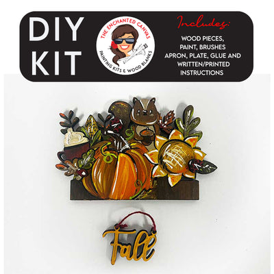 This Fall interchangeable add on includes the word "Fall" in a fun script font and is intended to hang from truck bed. The interchangeable piece itself features a mug of coco, pumpkin, corn ladybugs, sunflower, squirrel and fall leaves that slips into the back of the truck.