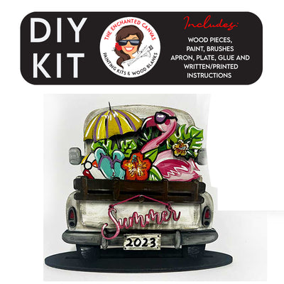 This Summer interchangeable add on includes the word "Summer" in a fun script font and is intended to hang from truck bed. The interchangeable piece itself features a Flamingo with Sunglasses, Hibiscus Flowers, Flip Flops, Beachball, Umbrella and Tropical Leaves that slips into the back of the truck.