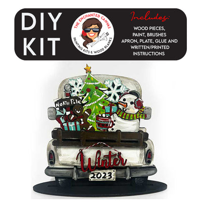 This Winter interchangeable add on includes the word "Winter" in a fun script font and is intended to hang from truck bed. The interchangeable piece itself features a Snowman with Earmuffs, Cup of coco, Gingerbread man, presents, Christmas Tree and Snowflakes that slips into the back of the truck.