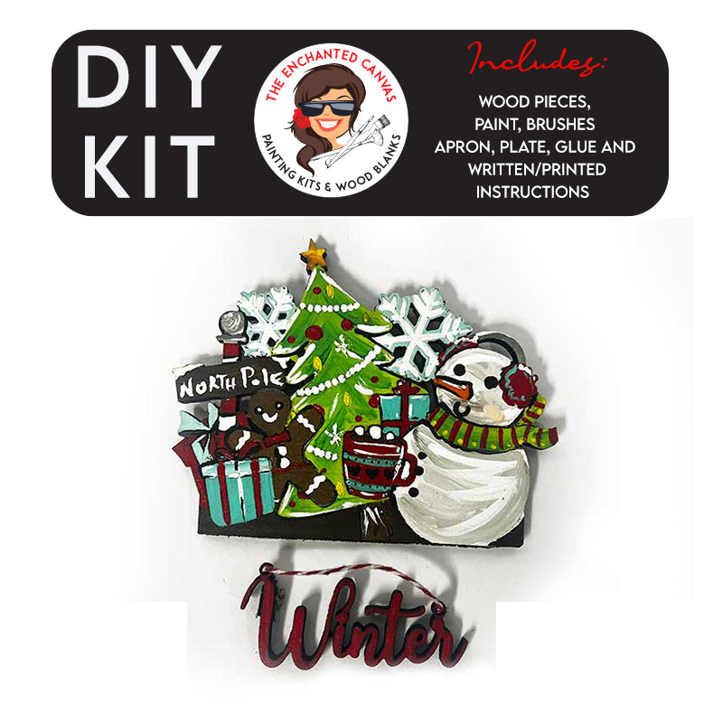 This Winter interchangeable add on includes the word "Winter" in a fun script font and is intended to hang from truck bed. The interchangeable piece itself features a Snowman with Earmuffs, Cup of coco, Gingerbread man, presents, Christmas Tree and Snowflakes that slips into the back of the truck.