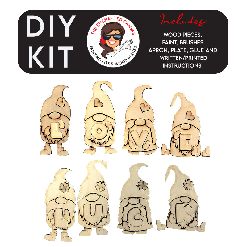 Reversible Holiday Gnomes Painting Kit. This fun gnome painting kit features Valentines Day and St Patrick's Day gnomes dresses in hats, hearts, clovers and have fun beards or braids. Once side reads LUCK for St Patrick's Day and the other side reads LOVE for Valentines Day